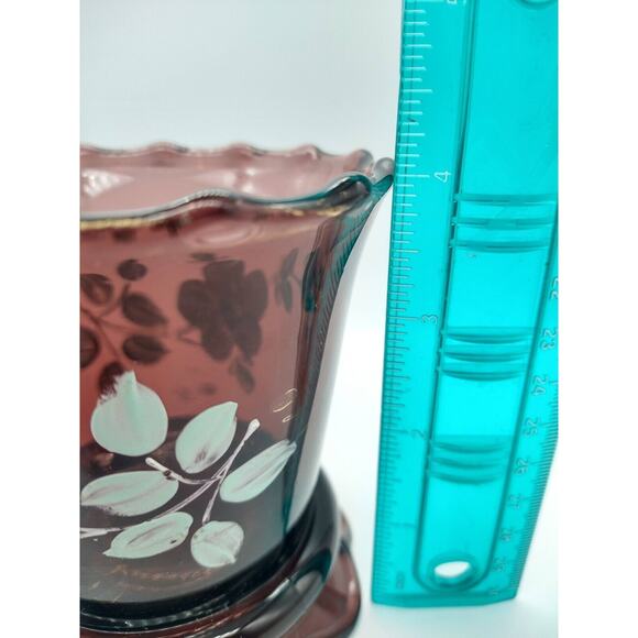 Vintage Amethyst Glass Vase 4” Hand Painted Floral Gold Trim Wear - Picture 7 of 11